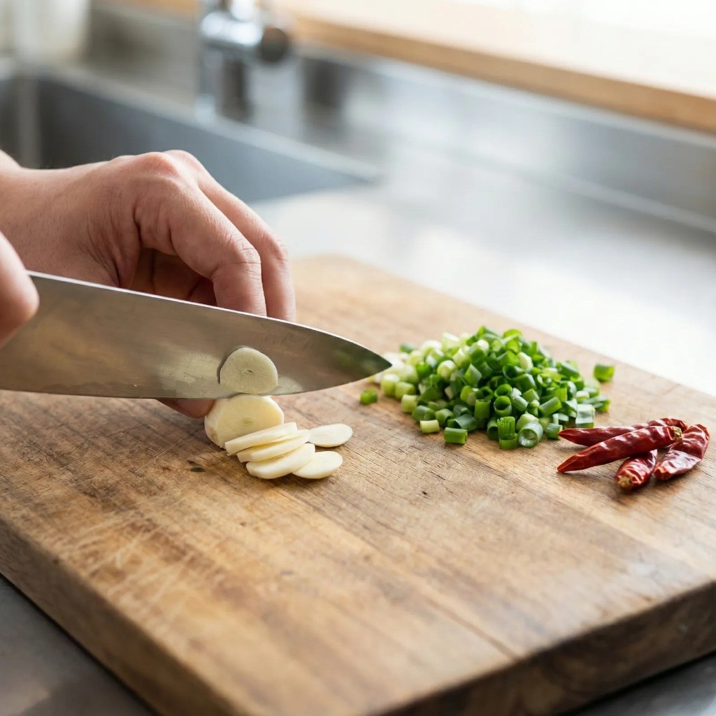 도마 위에서 통마늘을 편으로 썰고 쪽파를 송송 써는 재료 손질 과정