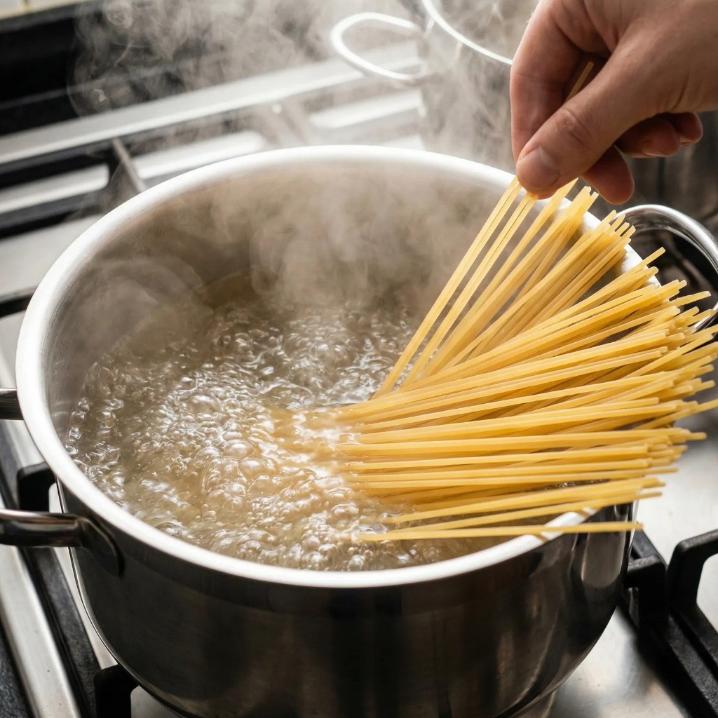 끓는 물에 파스타 면을 넣고 삶는 모습