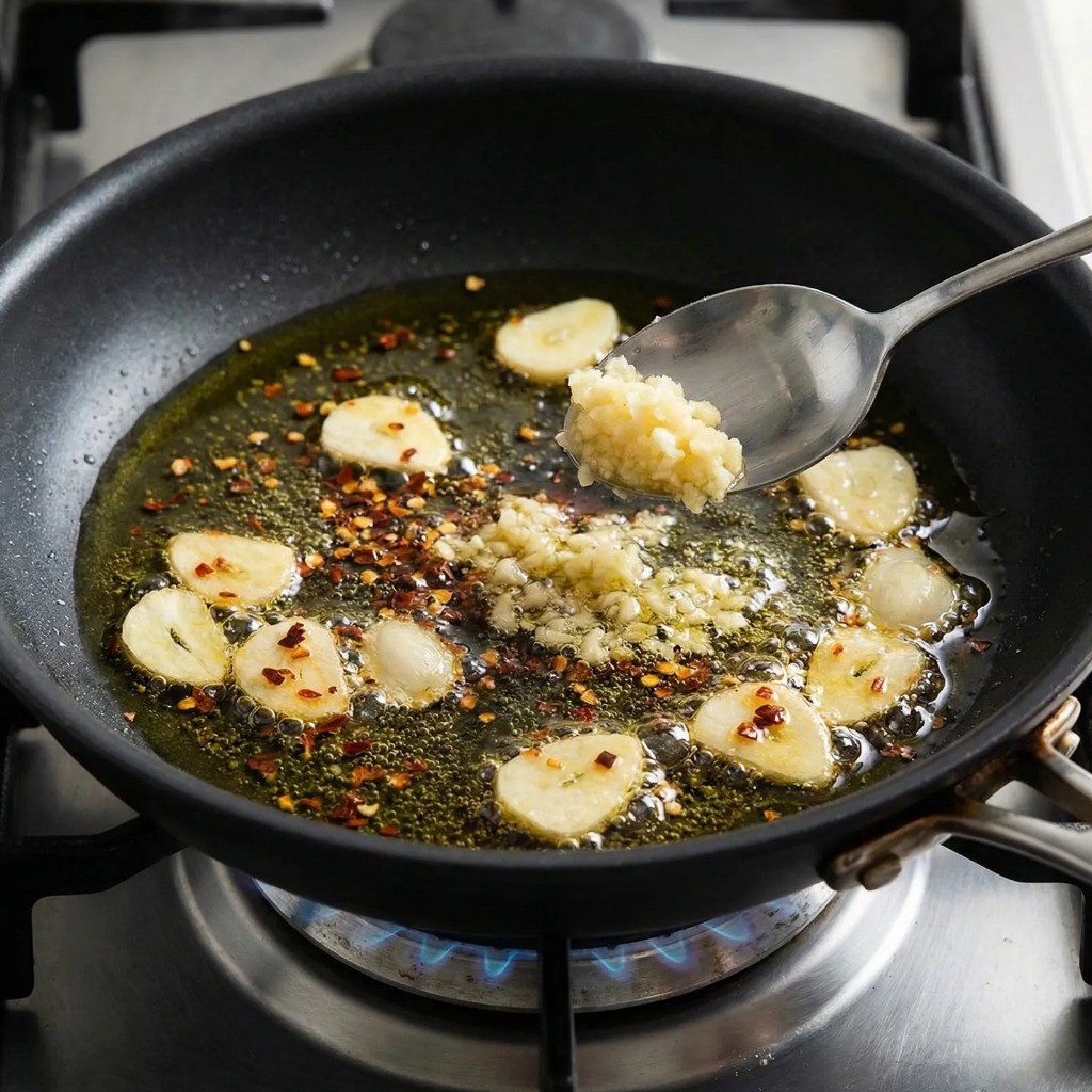 달궈진 팬에 올리브유와 편마늘, 페페론치노, 간 마늘을 넣고 볶아 마늘 기름을 내는 장면