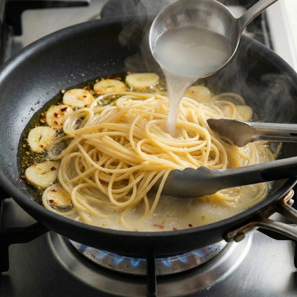 볶아진 마늘 기름에 삶은 파스타 면과 면수를 넣고 함께 볶는 유화 과정