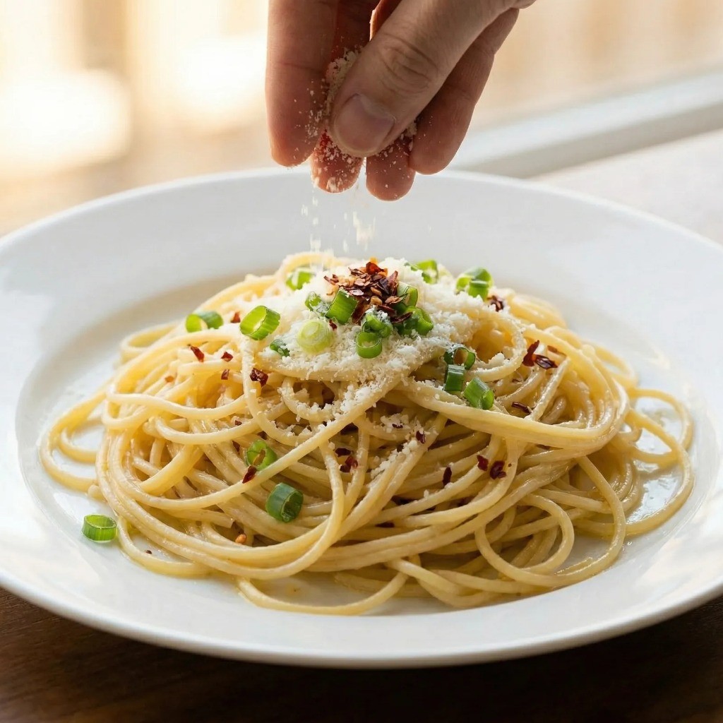 완성된 알리오 올리오 파스타를 접시에 담고 쪽파와 파마산 치즈 가루를 뿌려 마무리한 플레이팅