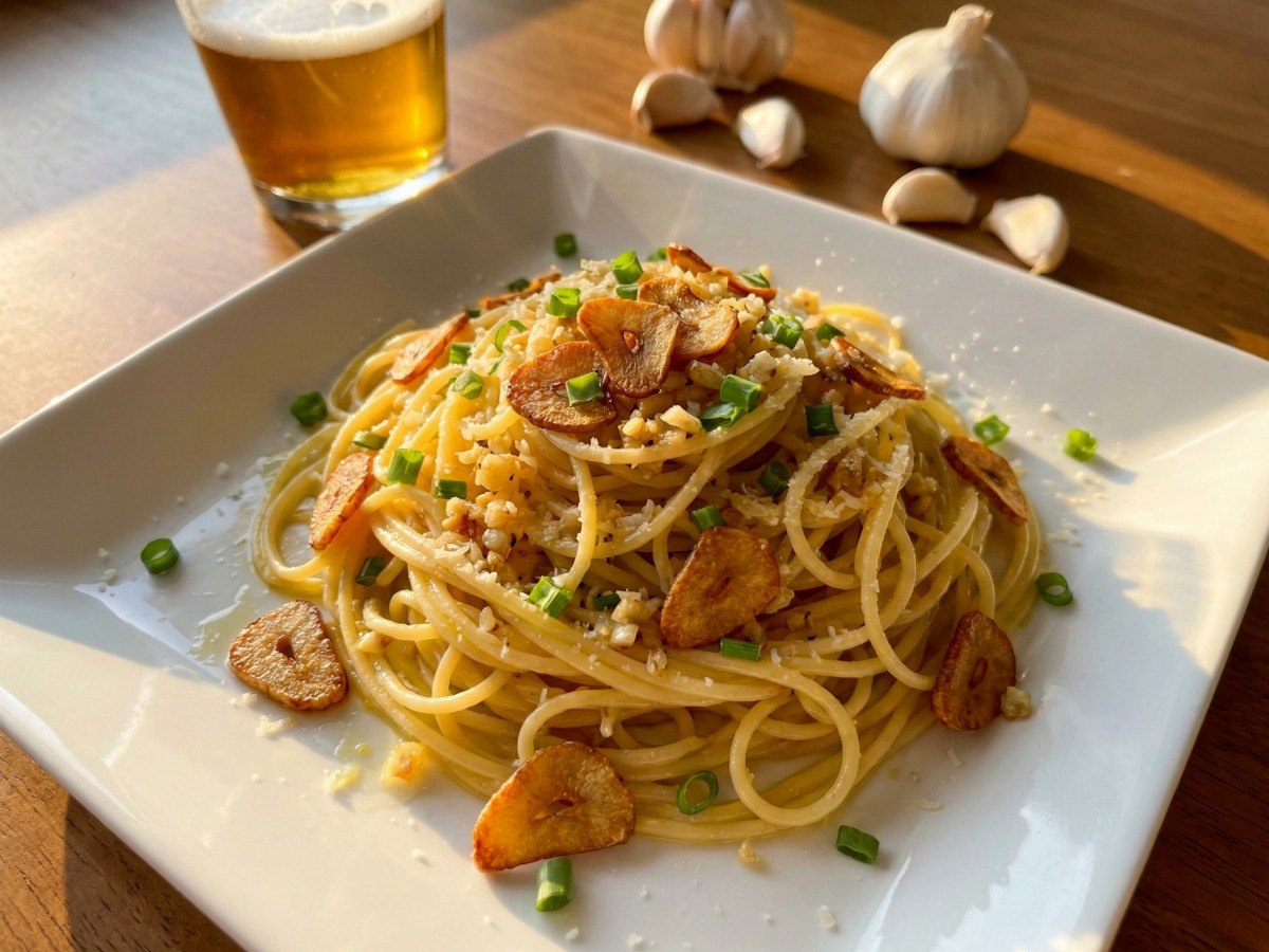 백종원 K-알리오올리오 완성된 접시, 마늘과 쪽파, 파마산 치즈가 올려진 모습