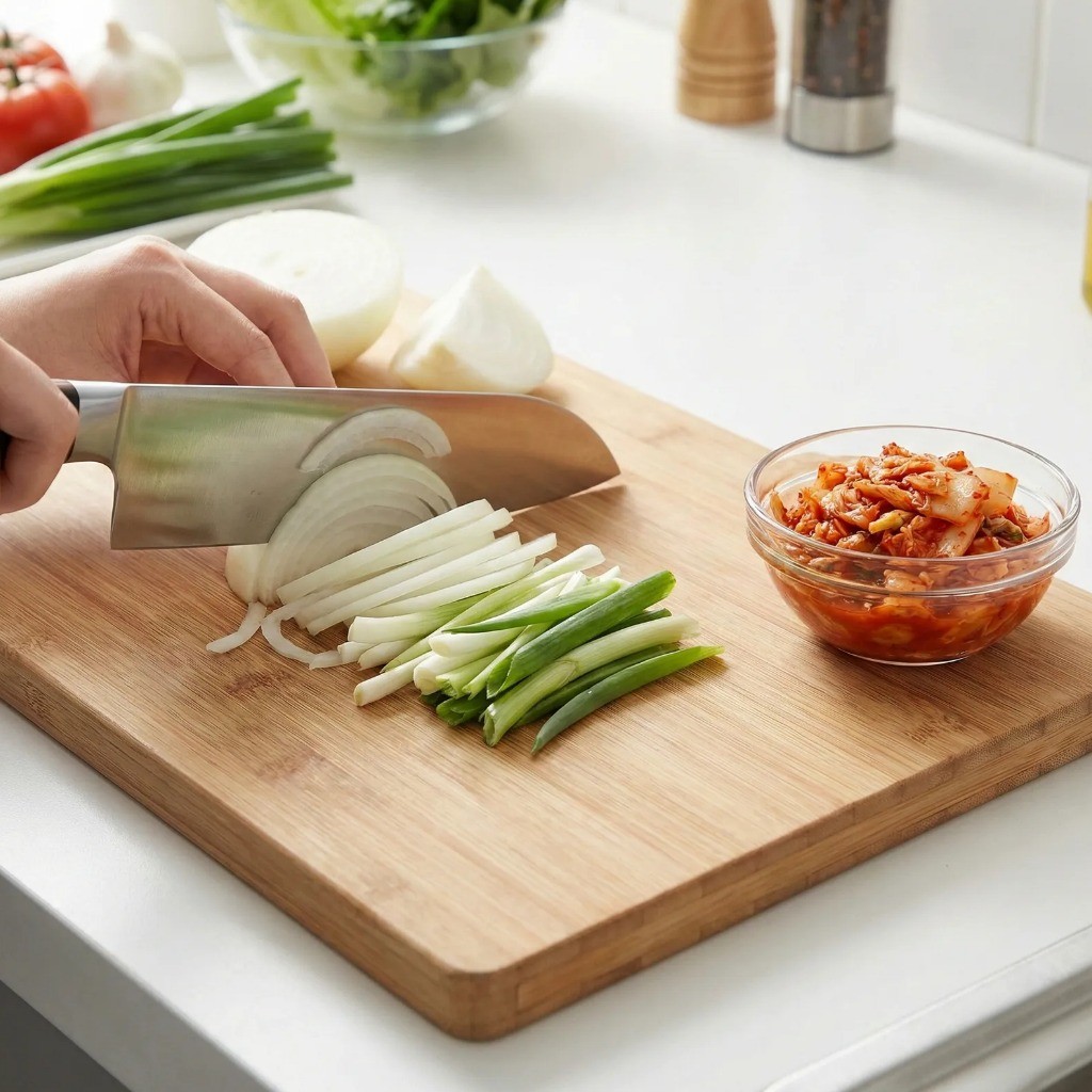 가츠나베 재료 손질 양파 대파 김치 썰기