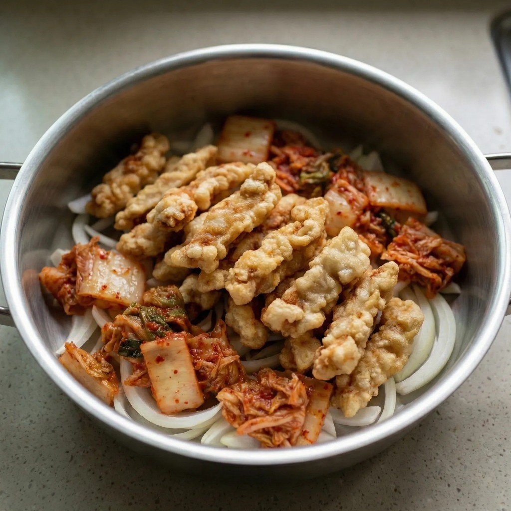 전골 냄비에 양파와 남은 탕수육 세팅하기