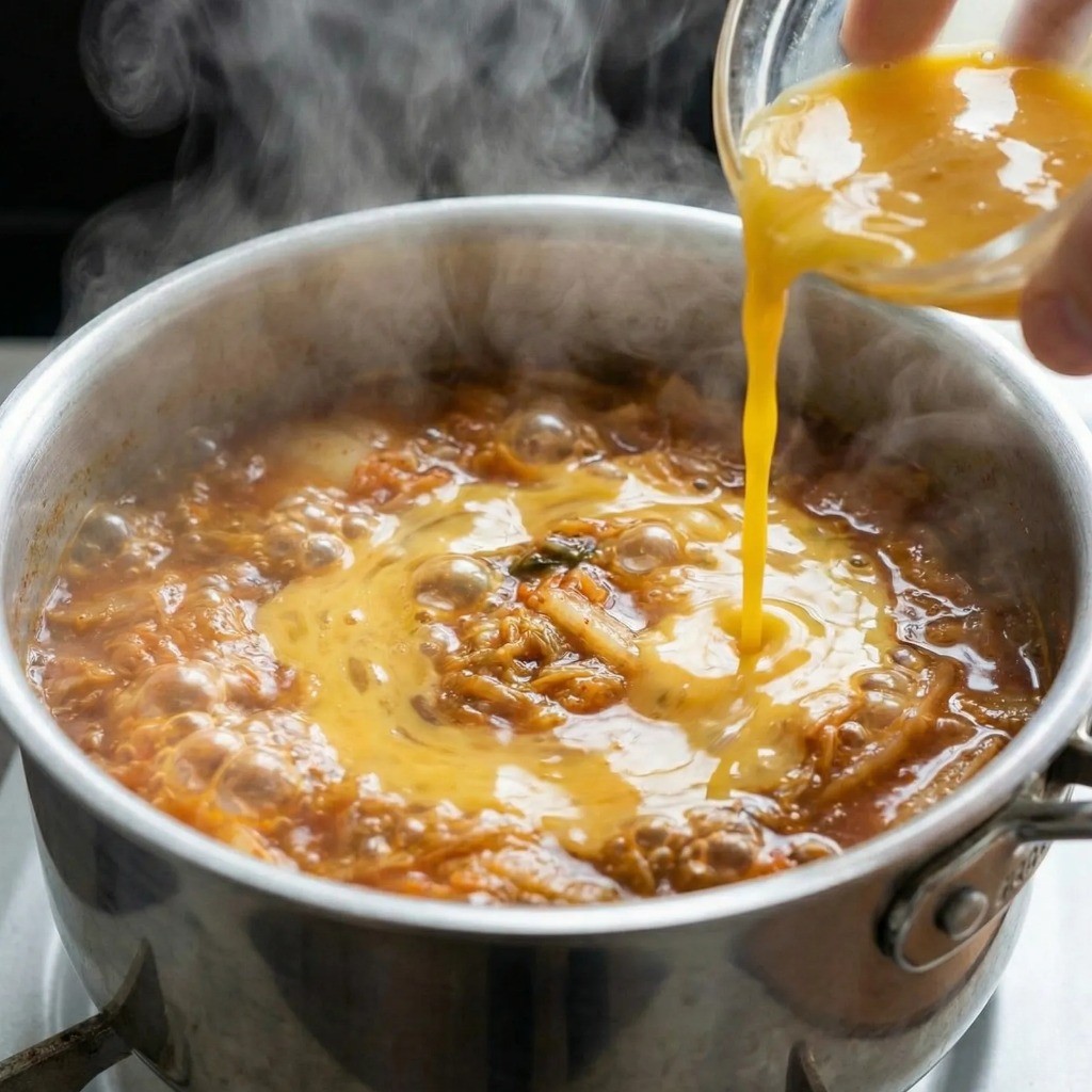 김치와 달걀물을 넣어 완성하는 얼큰 탕수육 나베