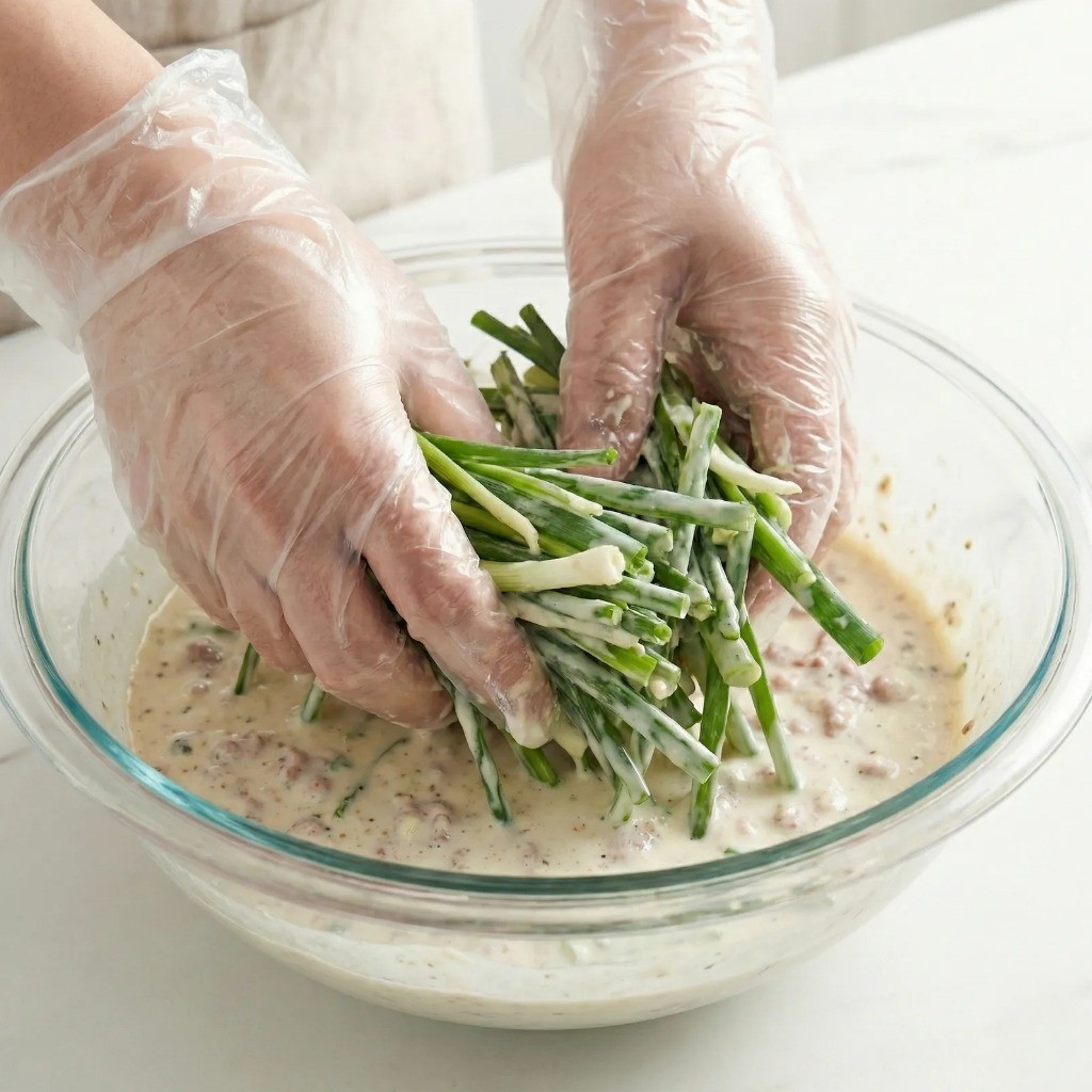 파전 반죽에 대파와 고추 버무리기 대파전 재료 섞는 과정