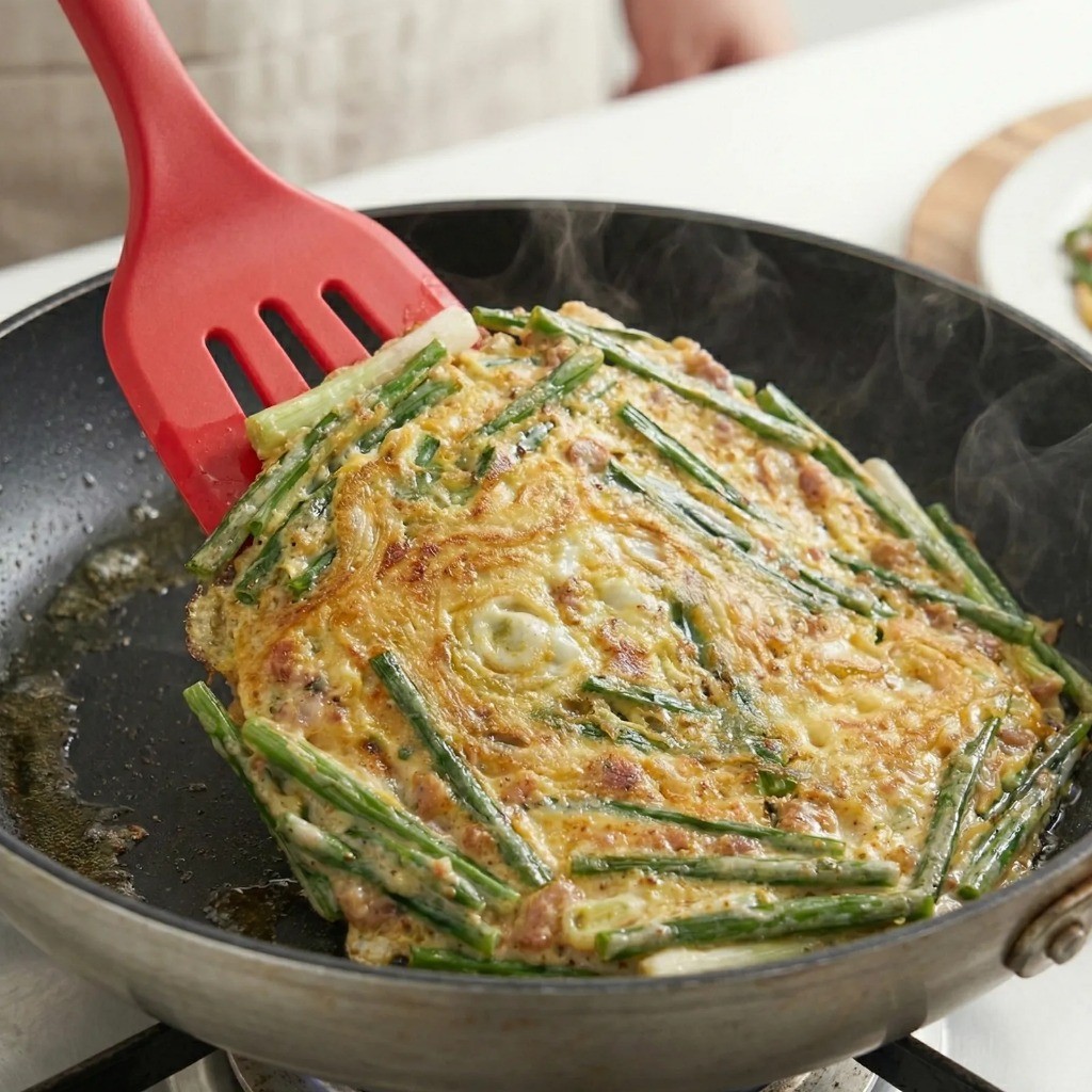 앞뒤로 노릇하게 구워진 백종원 대파전 뒤집기 완성 모습