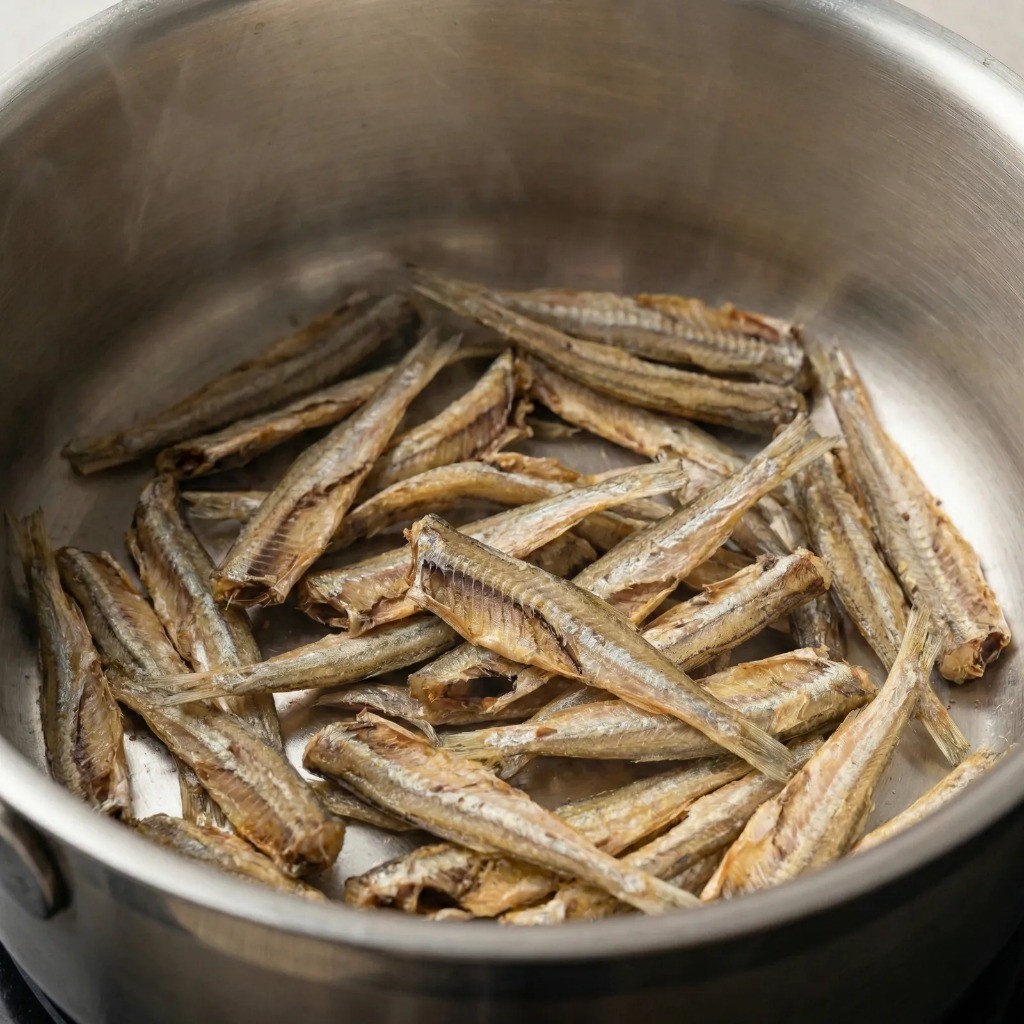 백종원 청국장 레시피 1단계 멸치 볶아 비린내 제거 및 육수 만들기