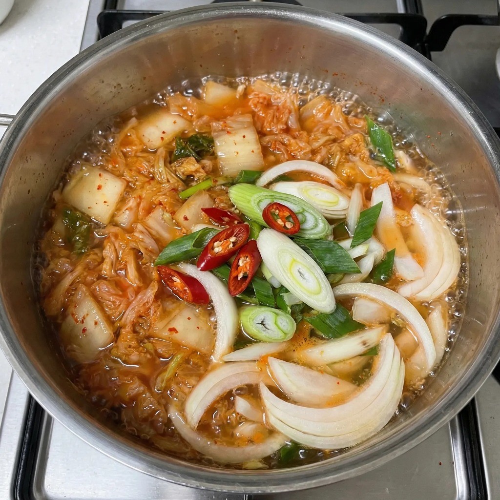 청국장 찌개 재료 신김치 양파 대파 넣고 끓이는 과정