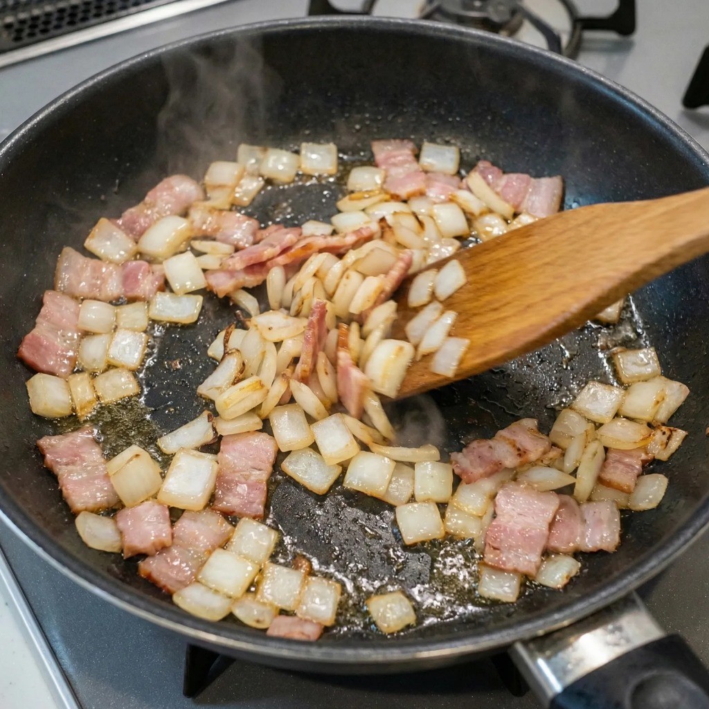 프라이팬에 베이컨과 양파를 노릇하게 볶아 풍미를 내는 과정