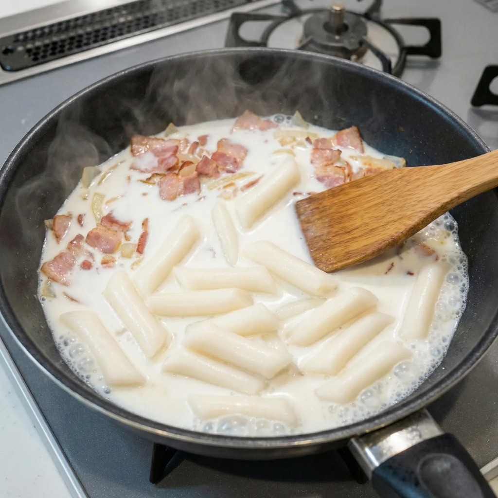 볶은 재료에 우유와 떡볶이 떡을 넣고 끓이는 조리 과정