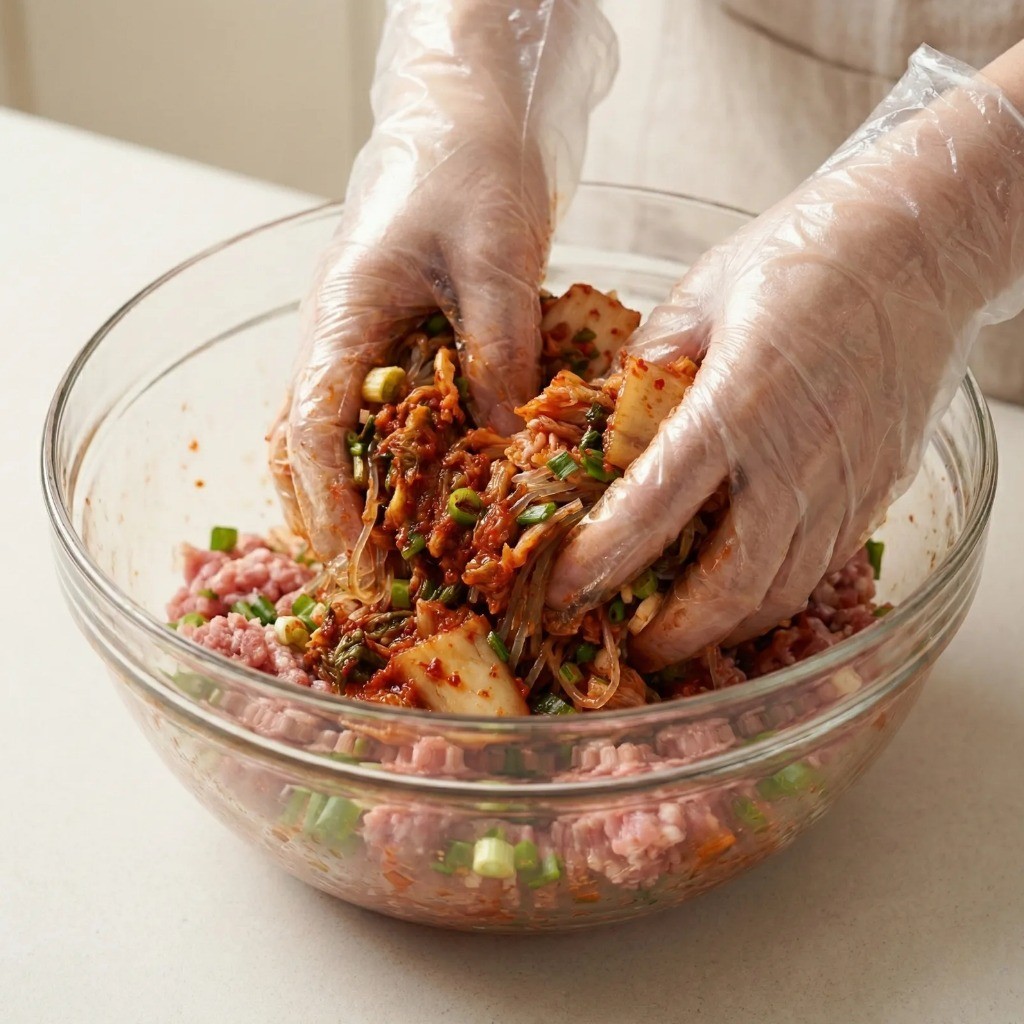 만두소 만들기: 다진 돼지고기, 묵은지, 당면, 대파 등 재료 혼합