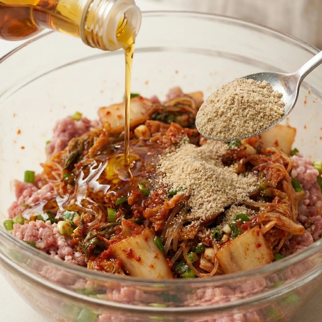 백종원 만두소 비법 양념: 들깨가루와 굴소스를 넣고 버무리는 모습