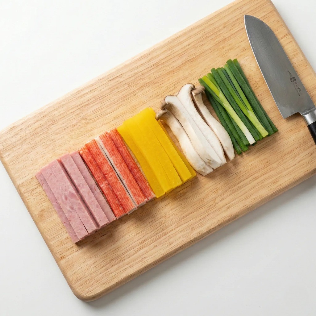 산적꼬치 재료 손질 - 햄, 맛살, 단무지를 7cm 길이로 썰어 준비한 모습