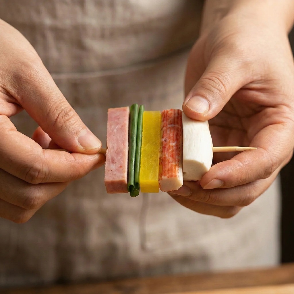 꼬치전 만들기 - 햄, 쪽파, 단무지, 맛살을 색깔별로 꼬치에 끼우는 과정