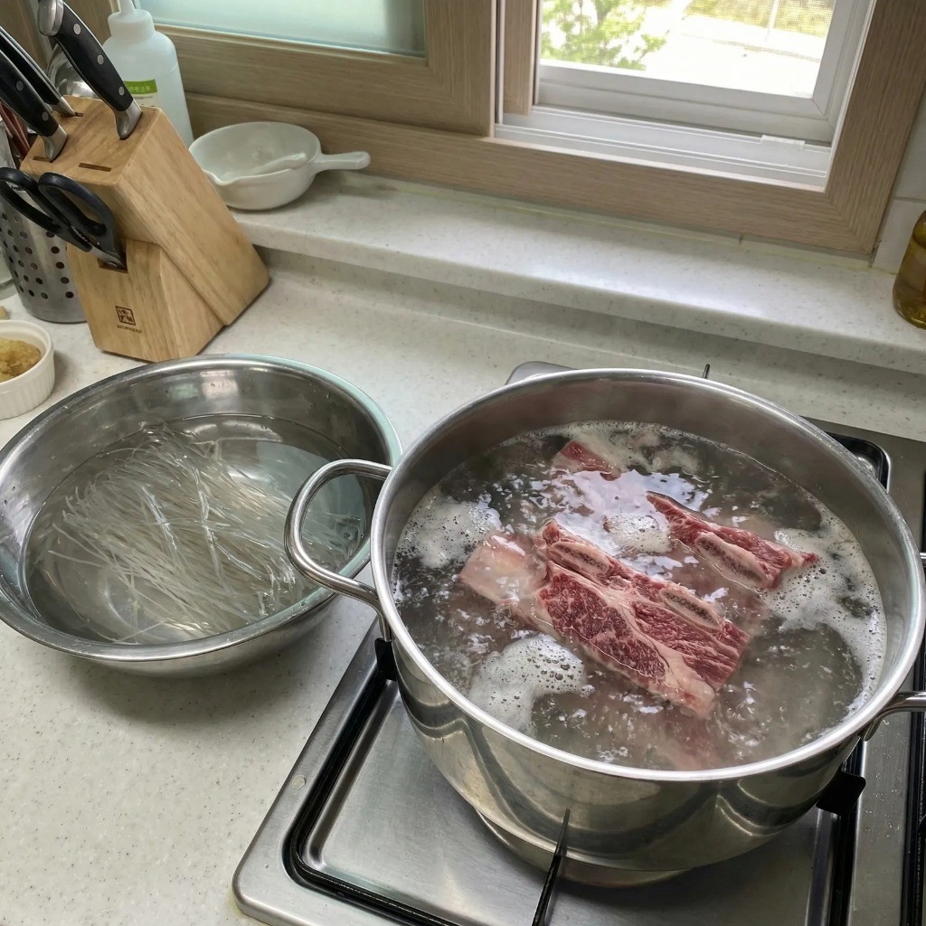 갈비탕 핏물 빼기 방법 - 끓는 물에 소갈비 데쳐내기