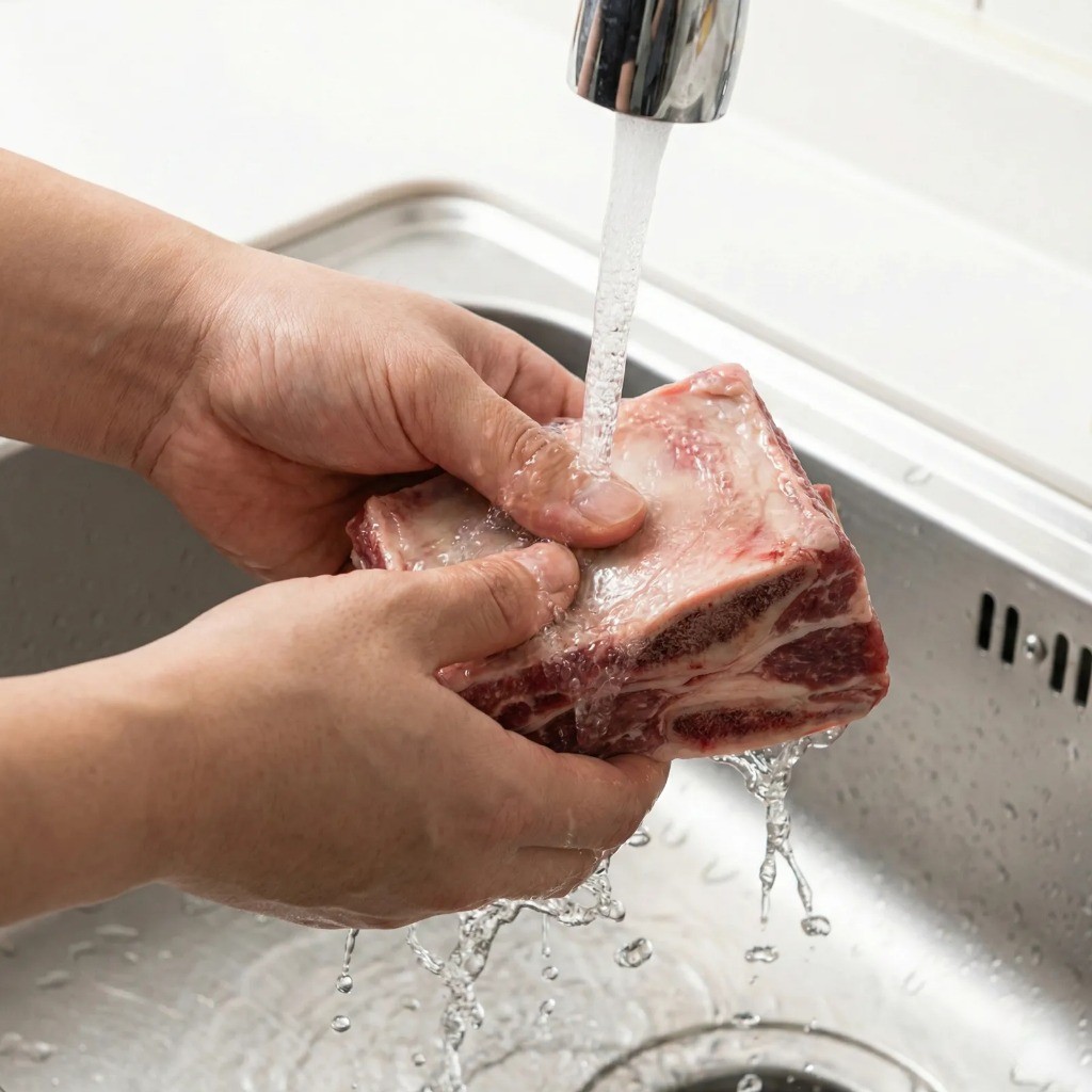 소갈비 손질법 - 데친 갈비를 흐르는 물에 깨끗이 씻는 모습