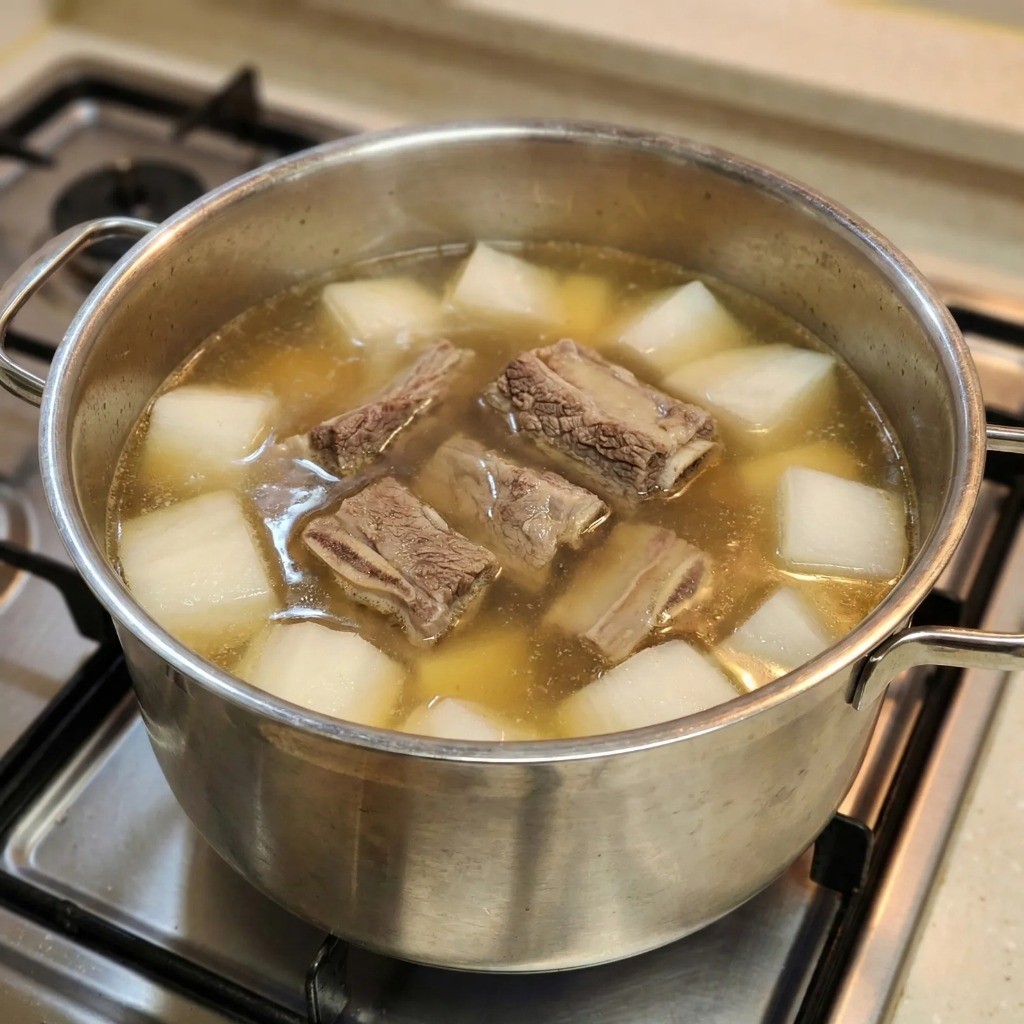 갈비탕 끓이는 법 - 냄비에 갈비와 무를 넣고 푹 끓이기