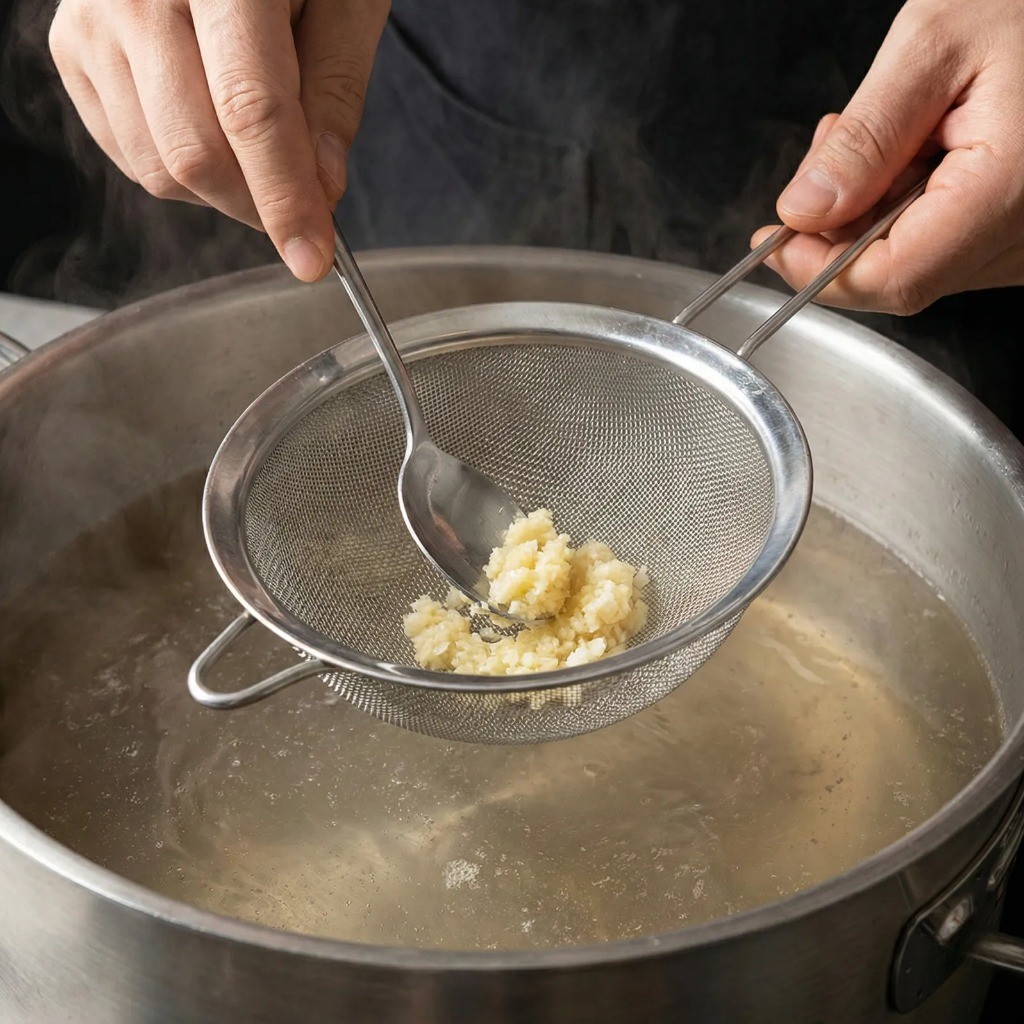 맑은 국물 비법 - 체반을 이용해 다진 마늘을 국물에 푸는 모습