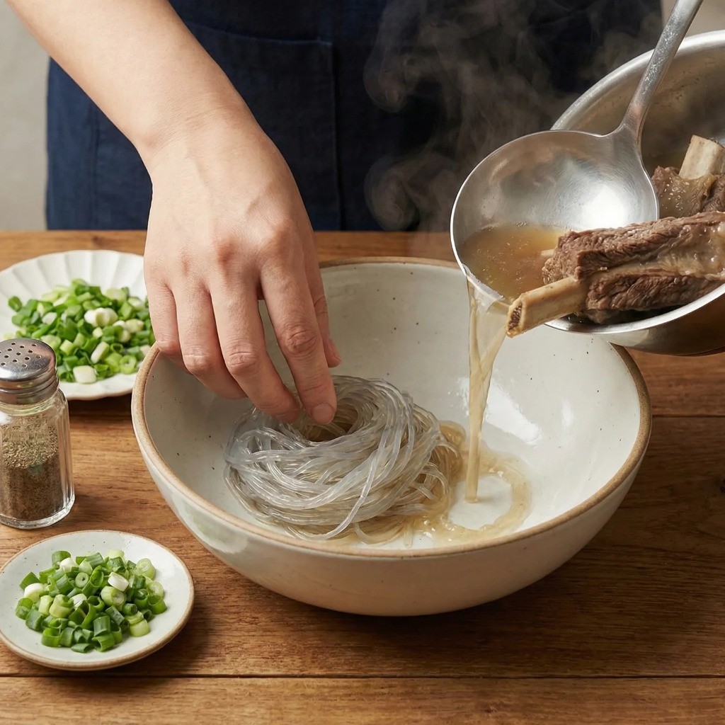 완성된 소갈비탕 - 당면과 대파를 곁들인 먹음직스러운 모습