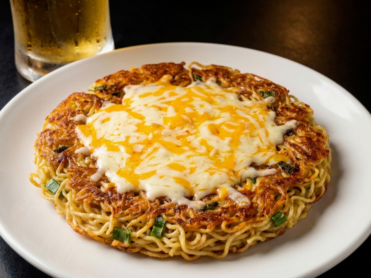 백종원 치즈라면전 완성 - 바삭한 라면과 녹아내린 치즈가 어우러진 맥주 안주