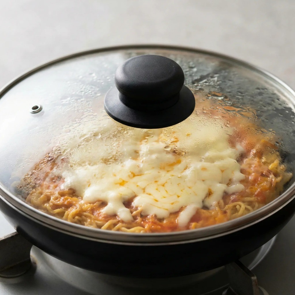 치즈 토핑 - 모짜렐라 치즈 올리고 뚜껑 덮어 녹이기