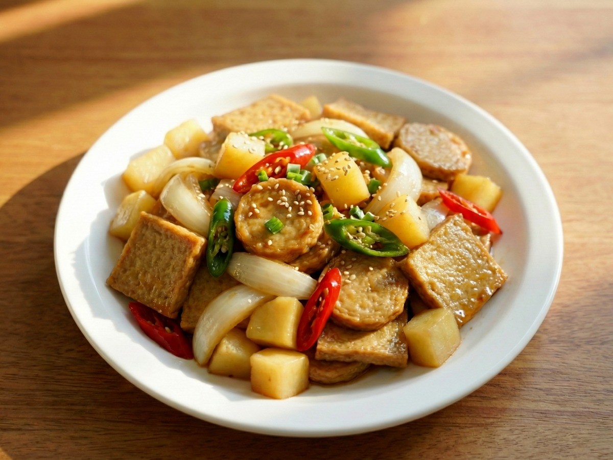 윤기가 흐르는 백종원 초간단 어묵볶음 완성 요리, 간장 양념이 잘 배어든 오뎅과 감자