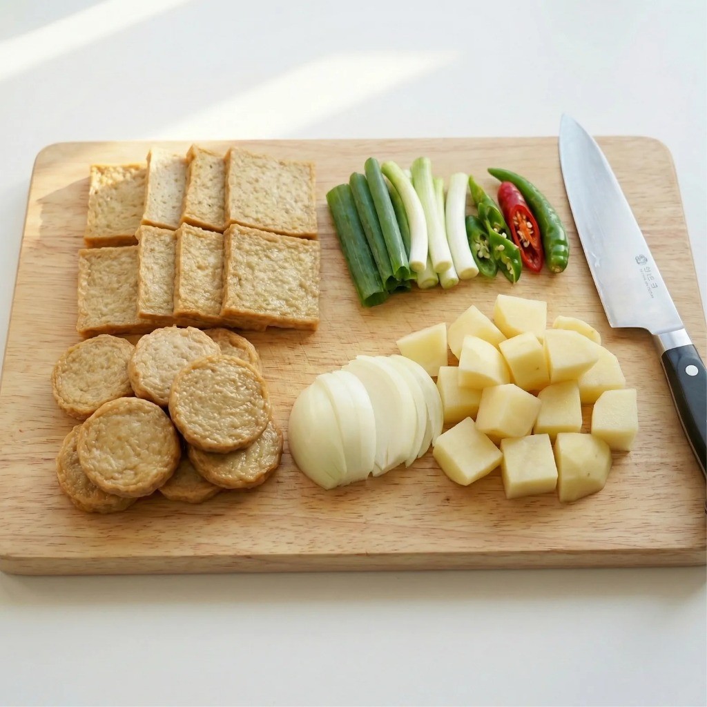 백종원 어묵볶음 재료 손질: 한입 크기로 썬 사각어묵, 감자, 양파, 대파, 고추