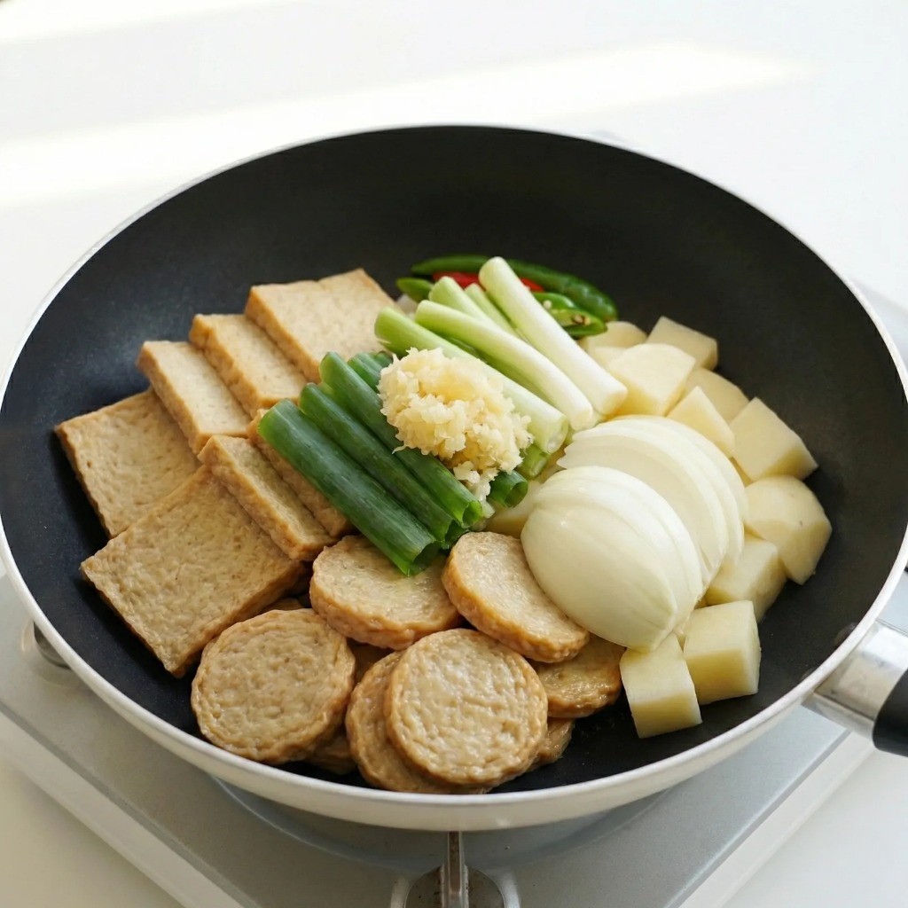 프라이팬에 어묵, 감자, 양파 등 모든 재료를 한꺼번에 담은 모습