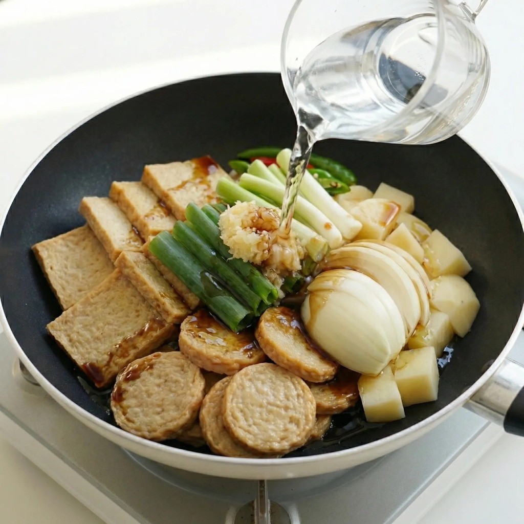 어묵볶음 양념(간장, 설탕, 마늘)과 물 반 컵을 재료 위에 붓는 조리 과정