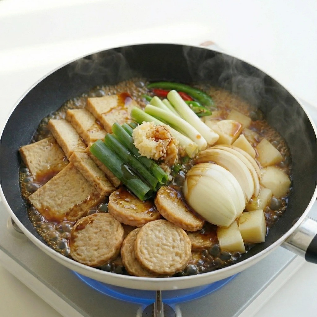 강불에서 물이 졸아들 때까지 어묵과 야채를 볶아내는 백종원 레시피 조리 모습