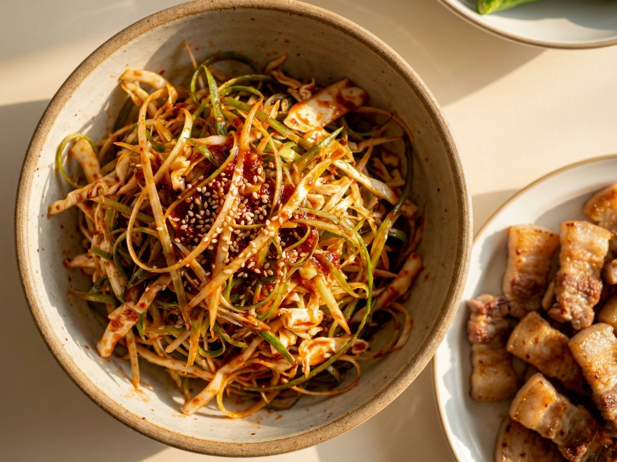 백종원 파채무침 레시피로 만든 아삭한 양배추 파절이와 삼겹살 한 상