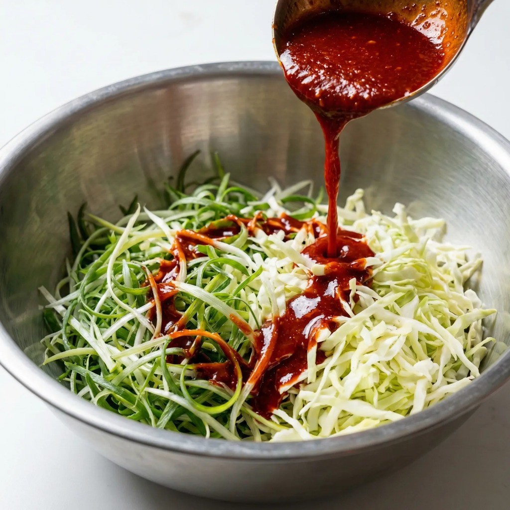 손질한 파채와 양배추에 특제 초장 양념 넣고 버무리기