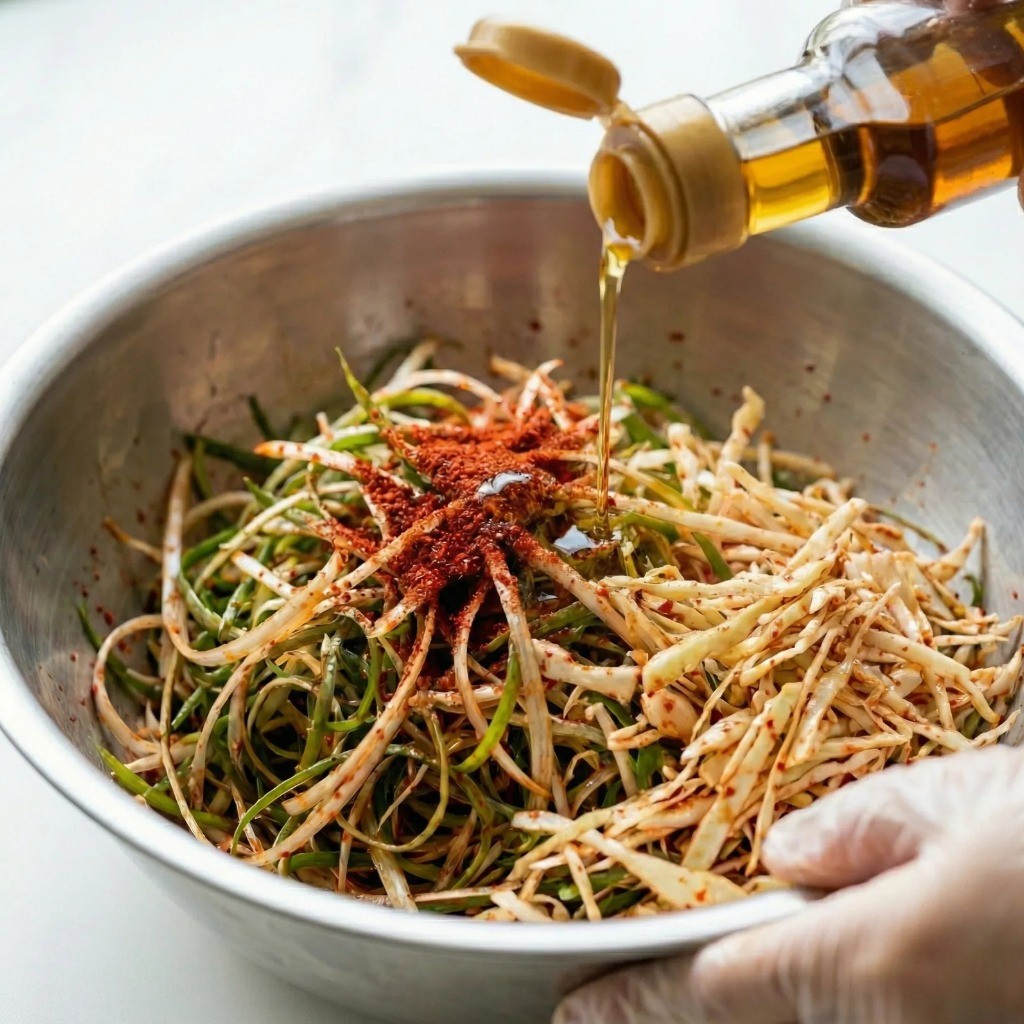 고춧가루와 참기름으로 색감과 고소함을 더해 파채무침 완성하기