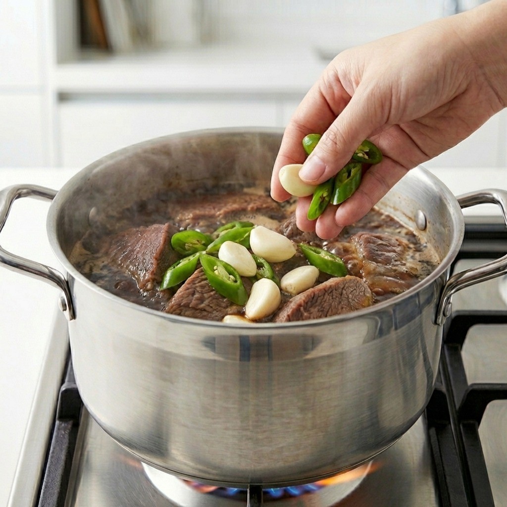 장조림 부재료 통마늘과 청양고추 넣고 끓이기