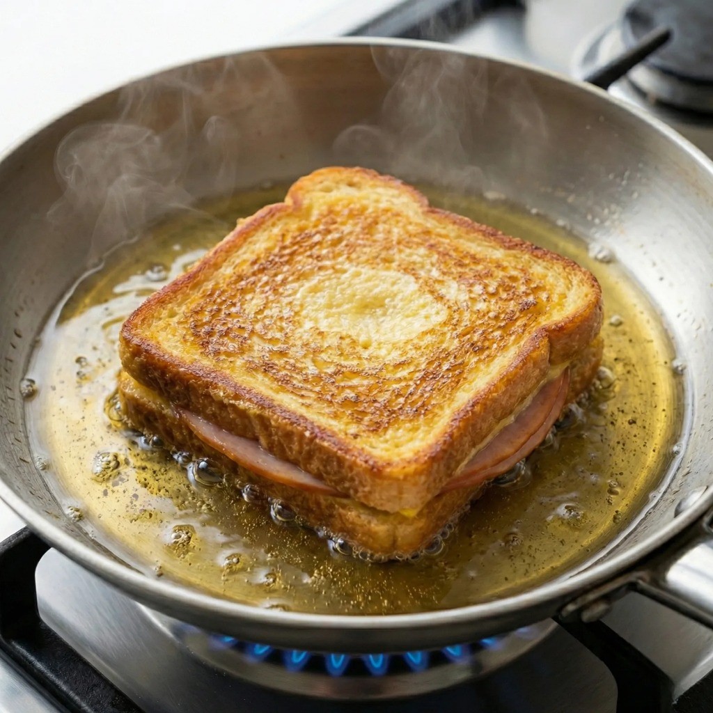 프라이팬 약불 몬테크리스토 샌드위치 굽는 방법 노릇하게 익히기