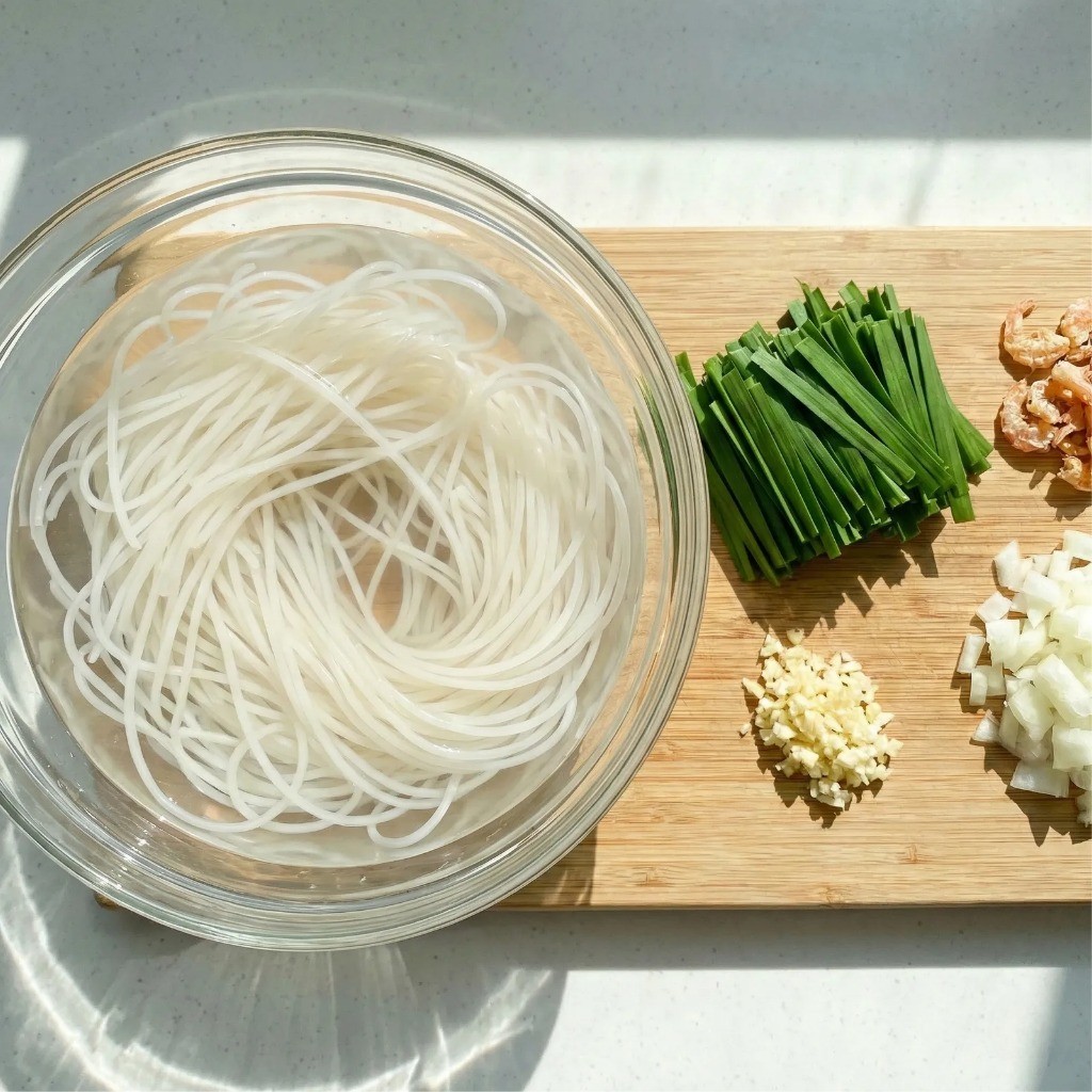 백종원 팟타이 레시피 1단계: 찬물에 30분간 불려 부드러워진 쌀국수 면과 손질된 재료