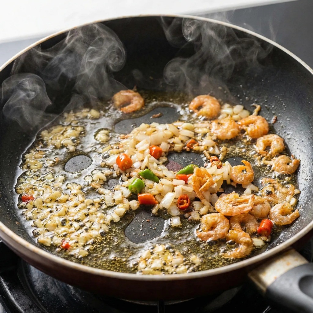 팟타이 풍미 살리기: 식용유에 건새우, 마늘, 양파를 볶아 파기름과 새우향을 내는 과정