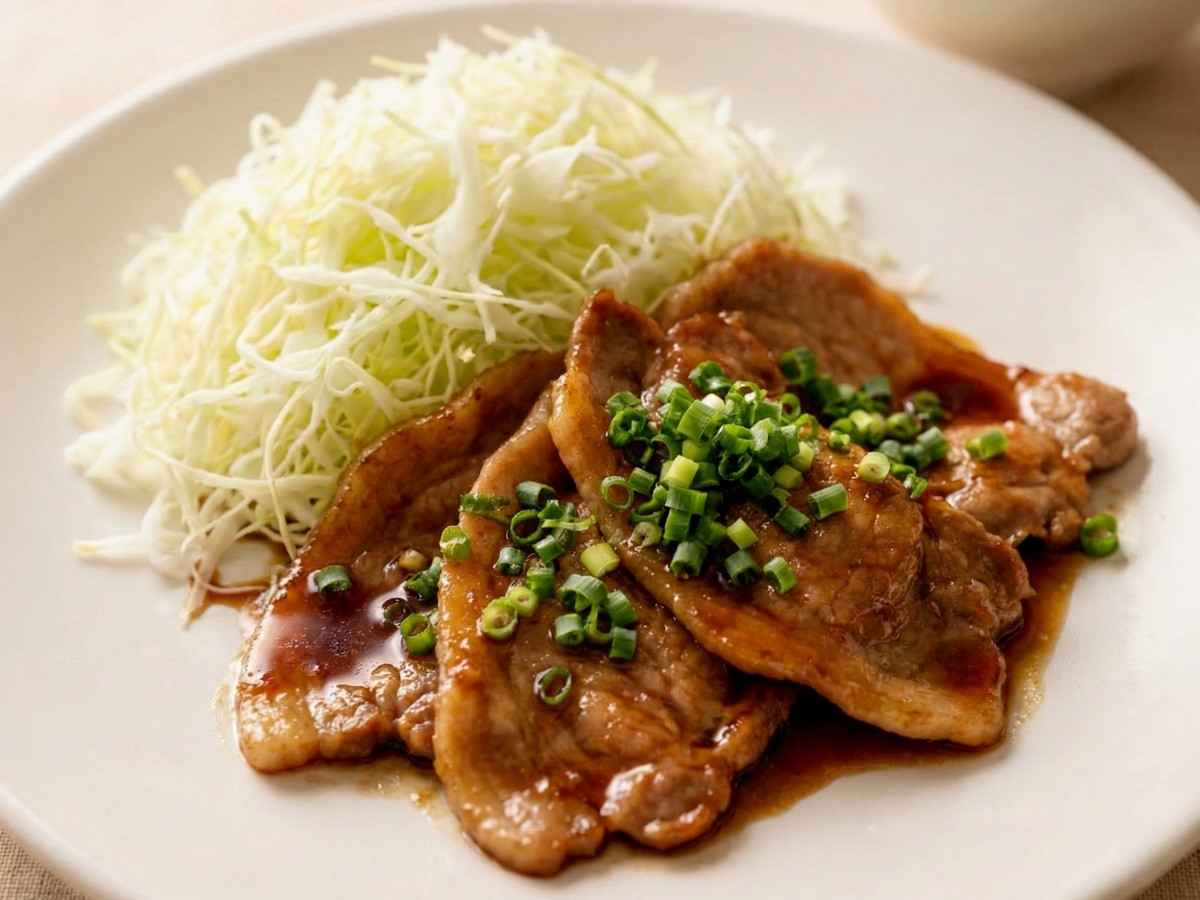 백종원 돼지고기 생강구이(쇼가야키) 완성 접시 - 윤기 나는 뒷다리살 요리와 양배추 샐러드