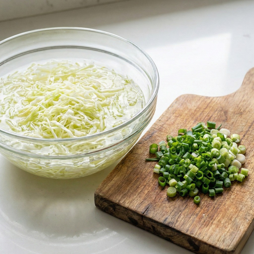 돼지고기 생강구이 재료 준비 - 가늘게 채 썬 양배추와 송송 썬 쪽파