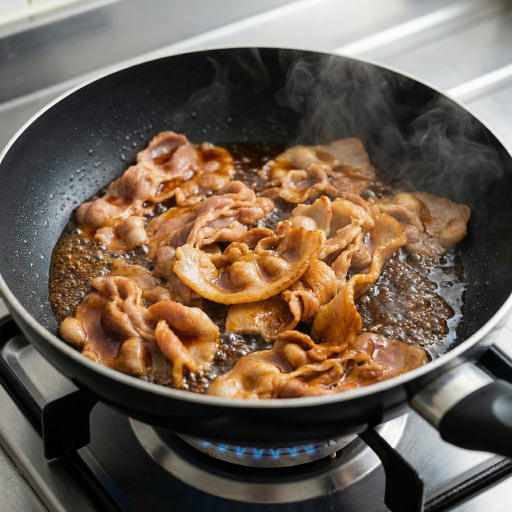 돼지고기 생강구이 조리법 - 특제 간장 소스를 붓고 윤기 나게 조리는 모습