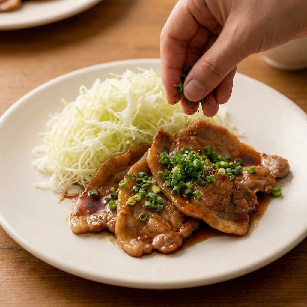 백종원 돼지고기 생강구이 완성 플레이팅 - 양배추 위에 올린 먹음직스러운 고기 반찬