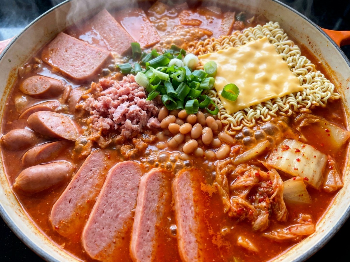 백종원 부대찌개 황금레시피 완성 - 햄, 소시지, 라면사리, 치즈가 어우러진 얼큰한 국물 요리