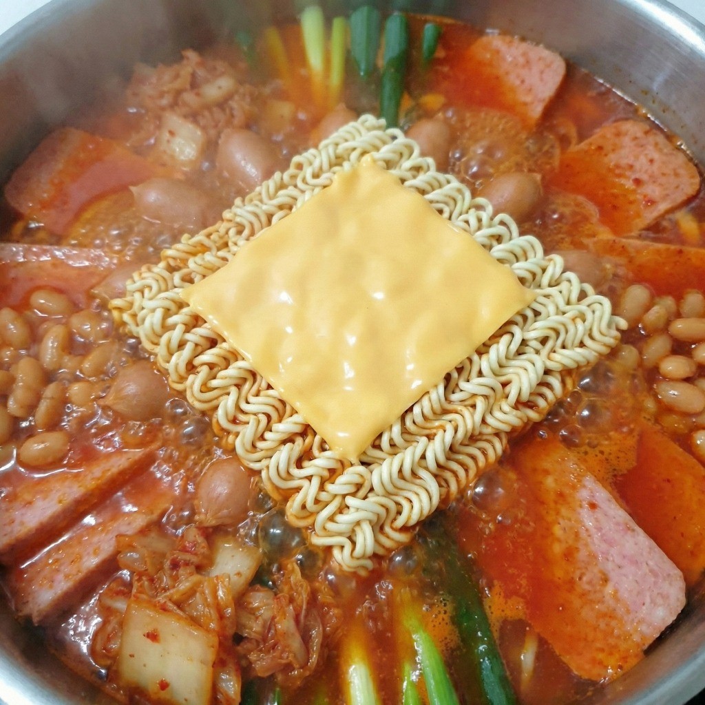 부대찌개 조리 완성 - 라면사리와 체다치즈를 넣고 보글보글 끓이는 장면