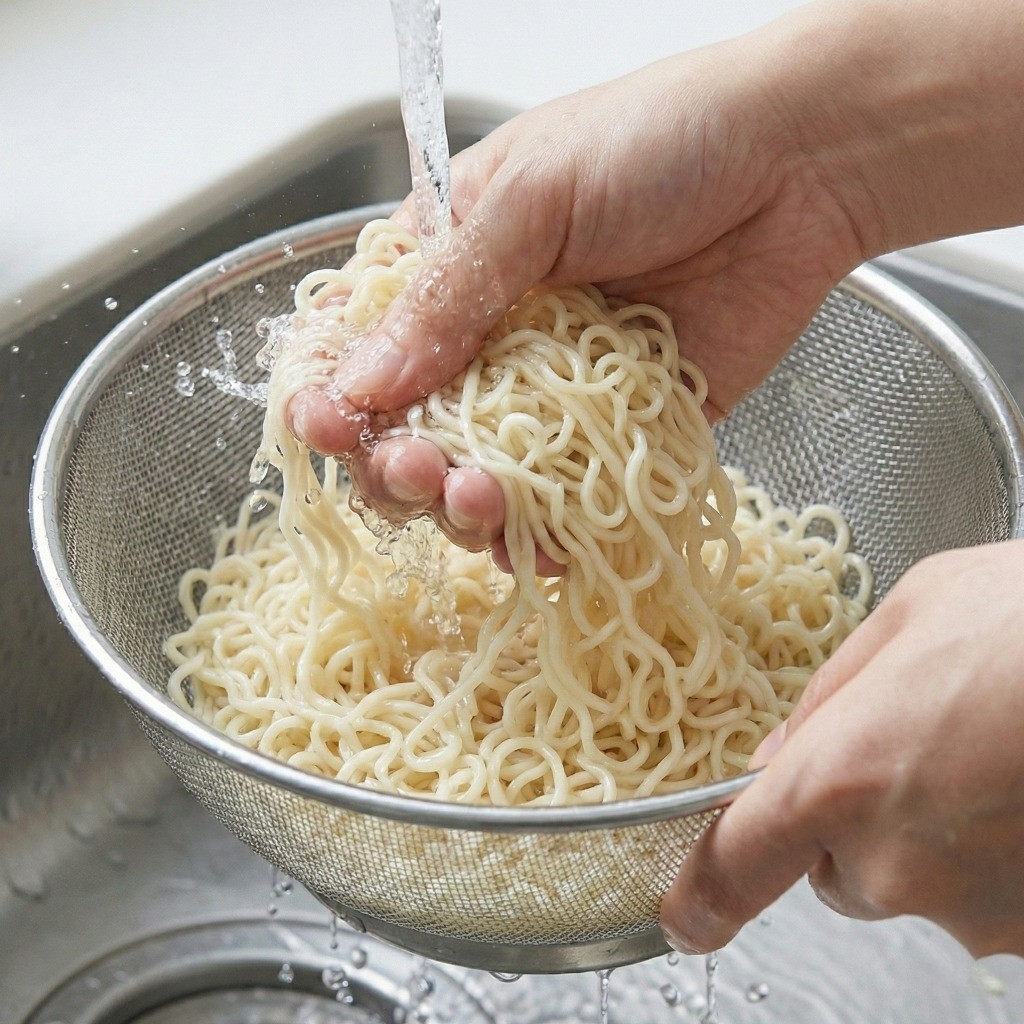 비빔면 면발 헹구기, 찬물 마찰로 쫄깃함 살리고 물기 제거하는 과정