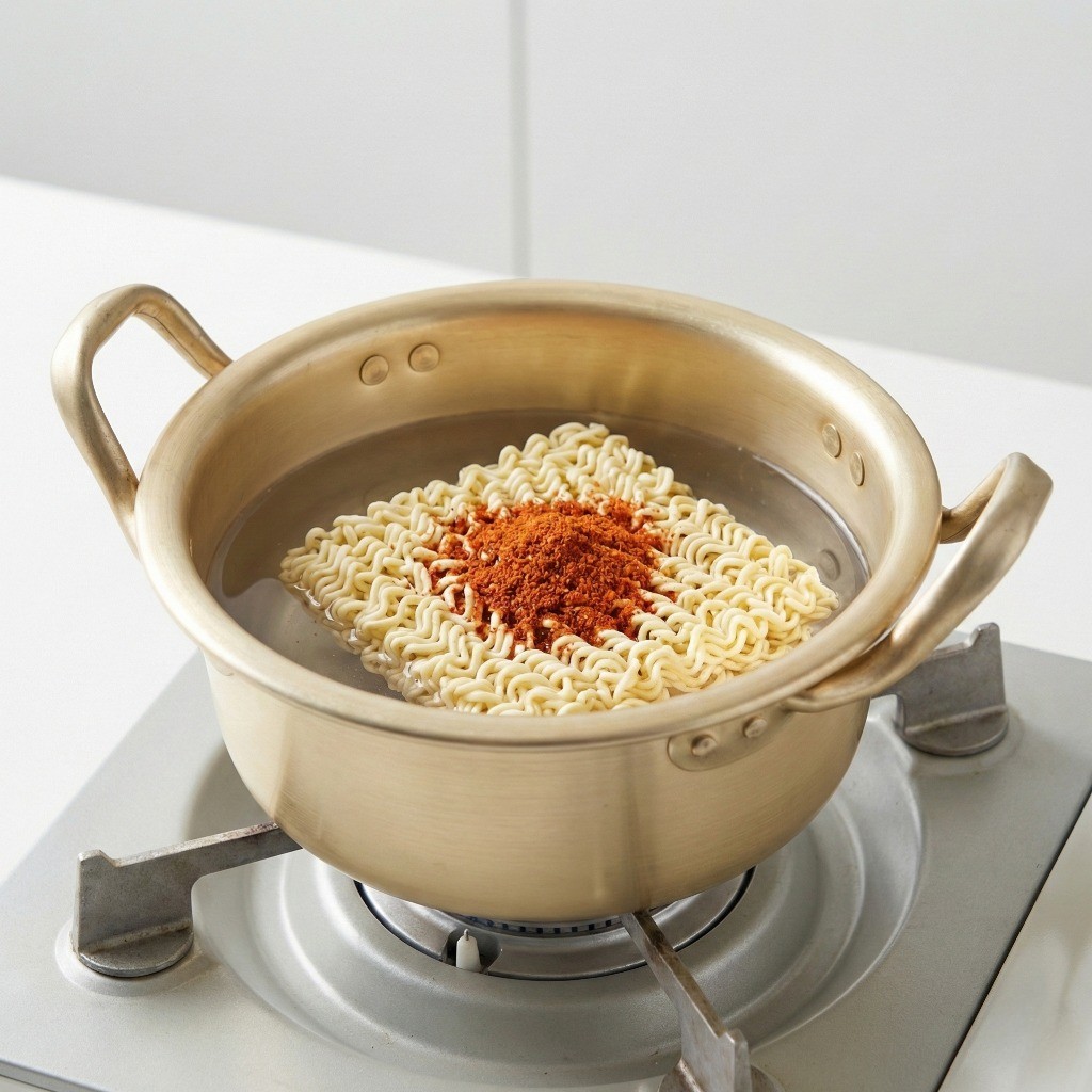 찬물라면 레시피 1단계 - 냄비에 찬물, 라면, 스프를 한번에 넣는 모습