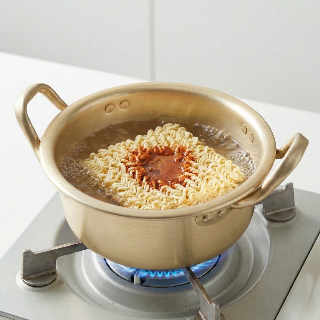 찬물라면 레시피 2단계 - 강불로 가열하여 물이 끓어오르는 장면