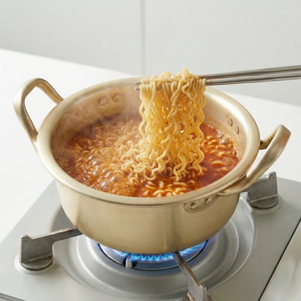 찬물라면 레시피 3단계 - 끓는 라면 면발을 젓가락으로 풀어주는 조리 과정