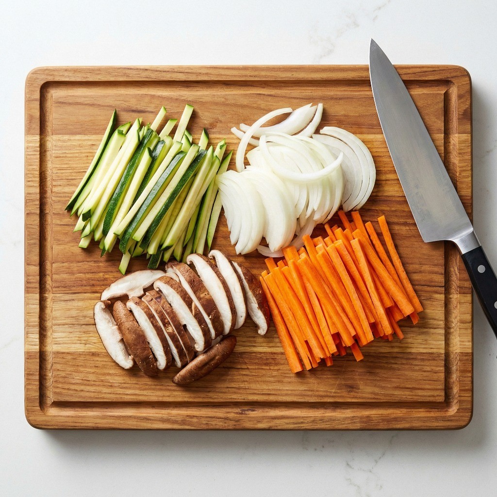 잔치국수 재료 손질 - 애호박 양파 당근 표고버섯 채썰기