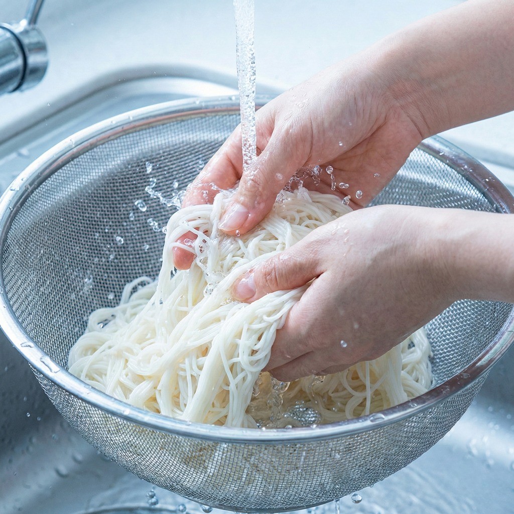 소면 쫄깃하게 삶는 법 - 끓는 물에 찬물 붓기와 찬물 헹구기